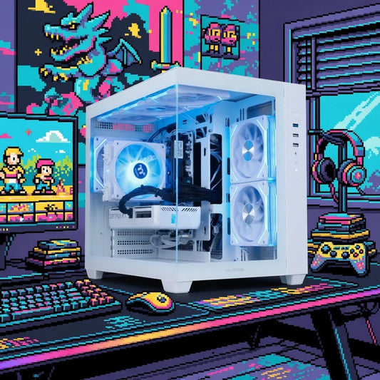 White gaming PC with RGB fans on a desk, retro 8-bit art background, gaming accessories