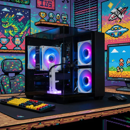 RGB gaming PC with LED fans, retro pixel keyboard, and 8-bit themed gaming setup