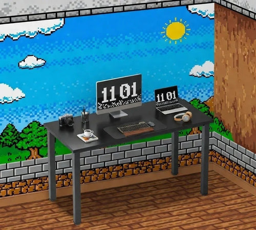 Retro gaming desk setup with 8-bit pixel art wallpaper, keyboard, monitor, laptop, and headphones.