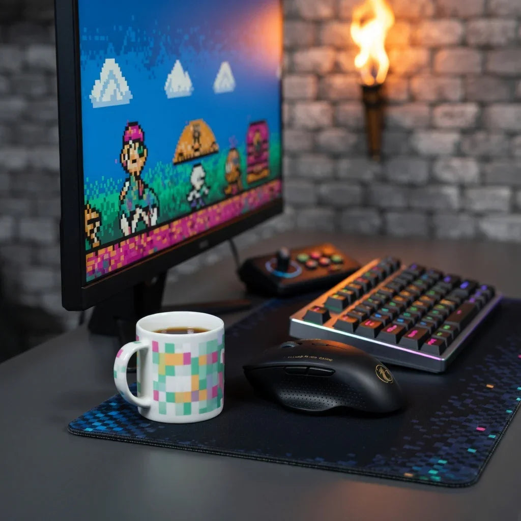 Retro gaming setup with RGB keyboard, wireless mouse, pixel art mug, and 8-bit game on monitor