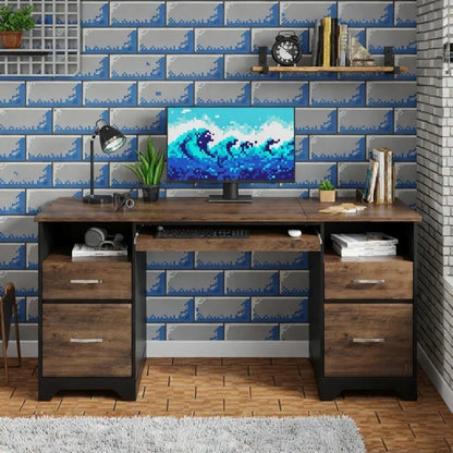 Retro gaming setup with pixel art wallpaper, monitor, keyboard, and wooden desk