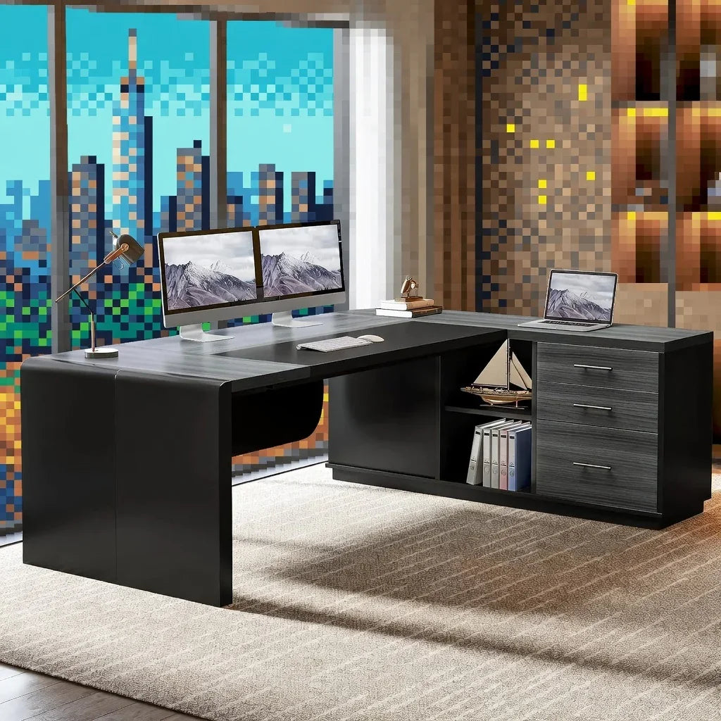Modern gaming workspace with dual monitors, black desk, and pixel art city view