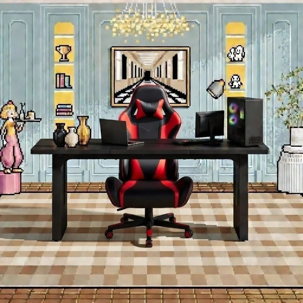 Retro gaming setup with black and red gaming chair, PC, monitor, headset, and pixel art decor