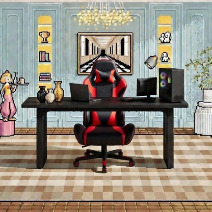 Retro gaming setup with black and red gaming chair, PC, monitor, headset, and pixel art decor
