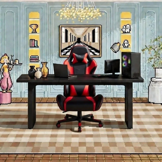 Retro gaming setup with black and red gaming chair, PC, monitor, headset, and pixel art decor