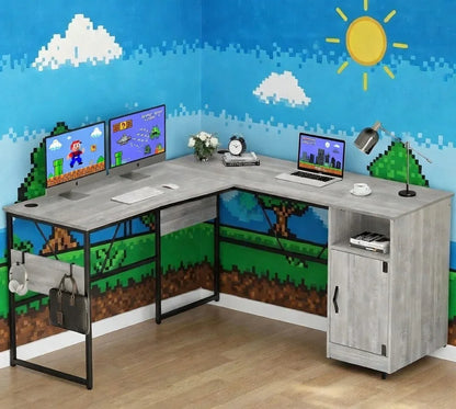L-shaped gaming desk with 8-bit pixel art wall, dual monitors, and gaming accessories