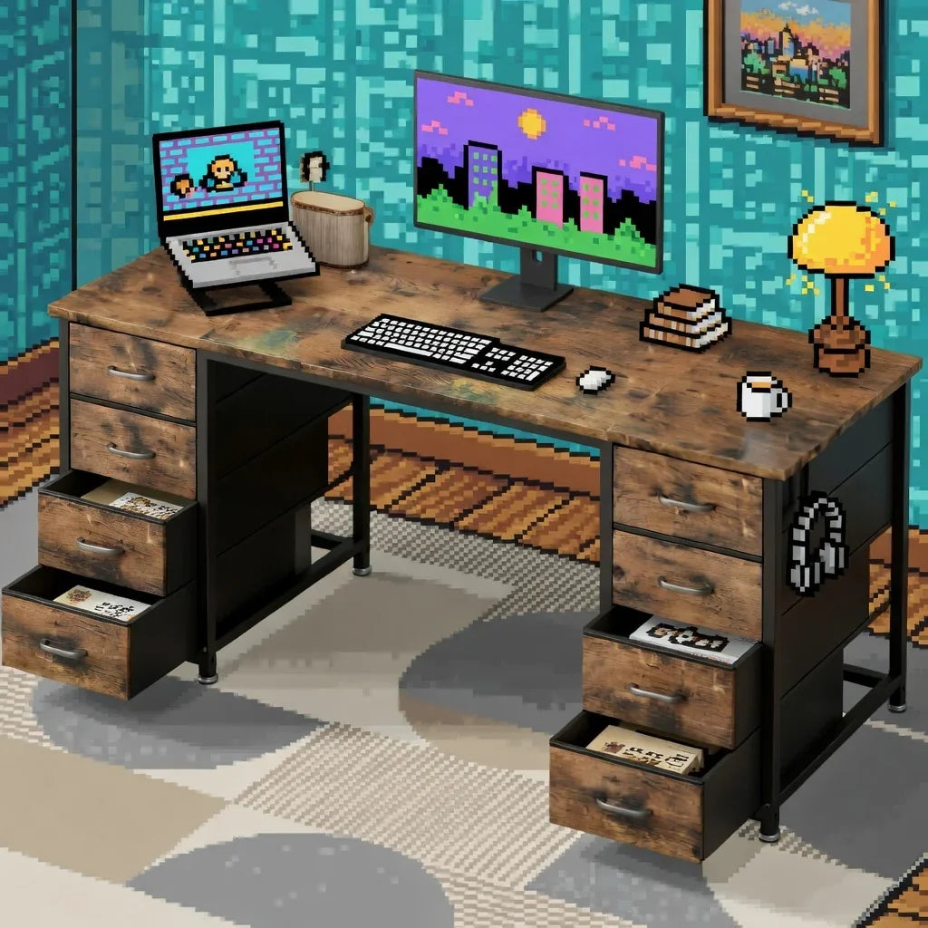 Retro 8-bit style gaming desk setup with pixel art keyboard, monitor, laptop, and decor