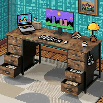 Retro 8-bit style gaming desk setup with pixel art keyboard, monitor, laptop, and decor