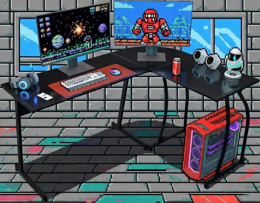Retro 8-bit gaming setup with dual monitors, red PC, mechanical keyboard, headset, and accessories.