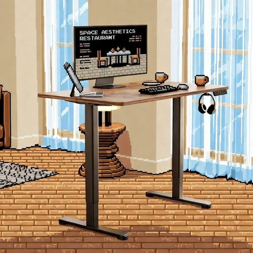 8-bit pixel art gaming desk setup with monitor, keyboard, headset, and mugs in cozy room