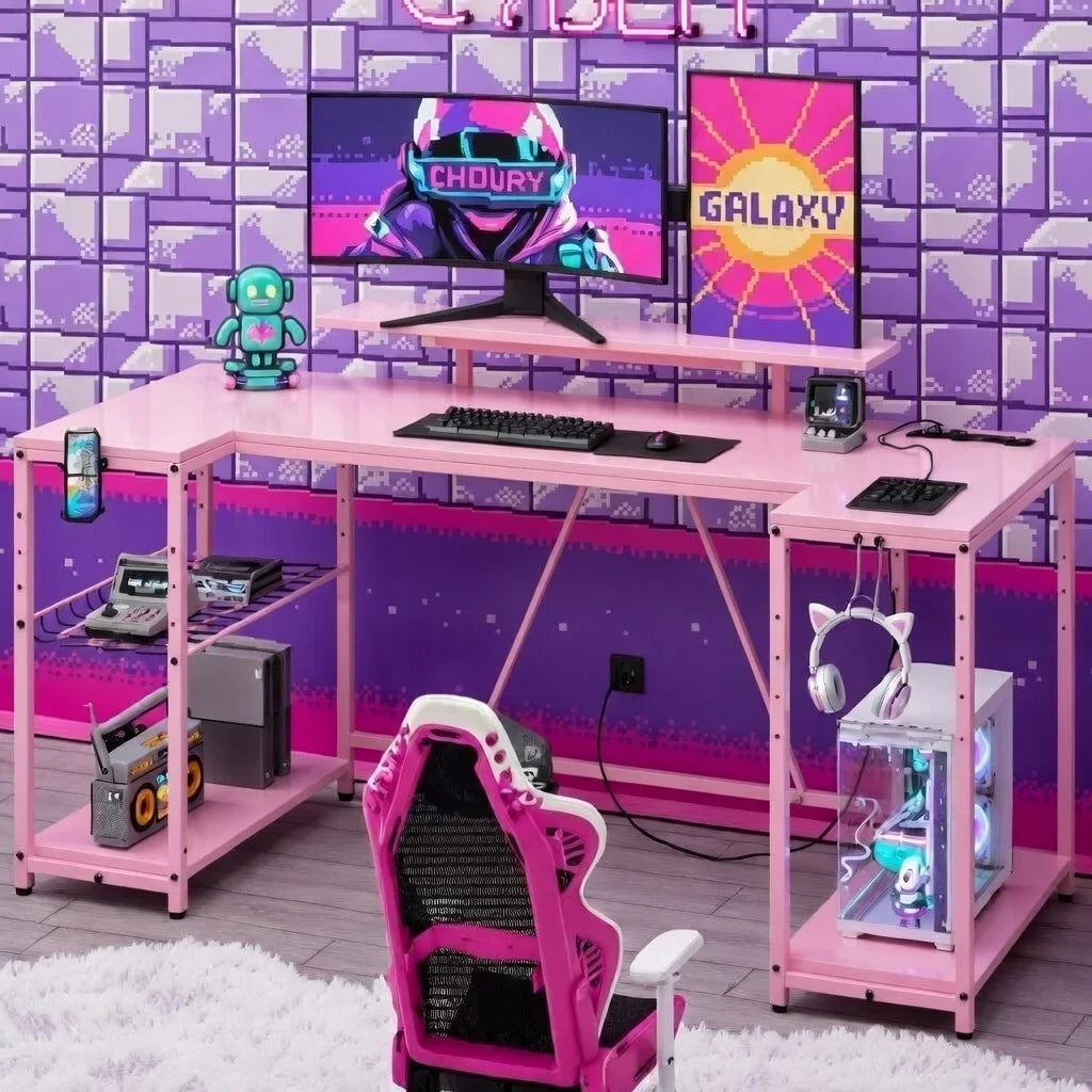 Retro pink gaming setup with dual monitors, RGB headset, gaming PC, and 8-bit decor.