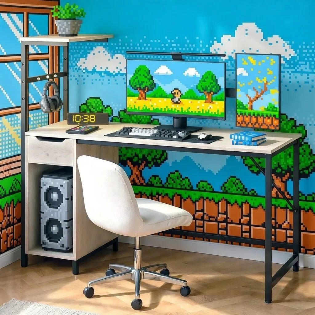 Retro gaming setup with 8-bit pixel art wallpaper, dual monitors, keyboard, and gaming PC