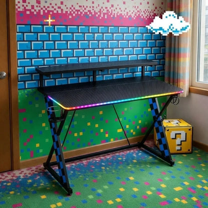 RGB gaming desk in a retro pixel art gaming room with blue brick wall and question block decor
