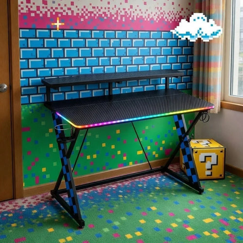 RGB gaming desk in a retro pixel art gaming room with blue brick wall and question block decor