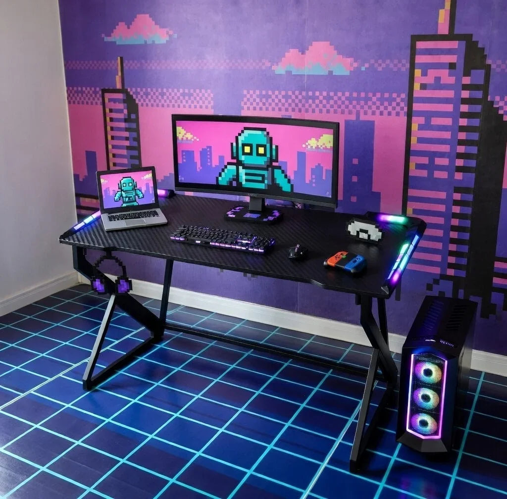 Retro 8-bit gaming setup with RGB keyboard, mouse, headset, PC, and pixel art robot