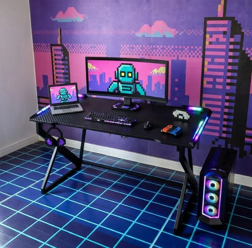 Retro 8-bit gaming setup with RGB keyboard, mouse, headset, PC, and pixel art robot