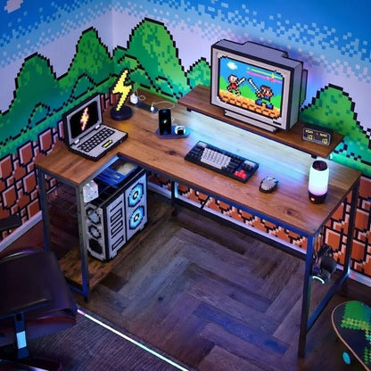 Retro 8-bit gaming setup with pixel art decor, mechanical keyboard, and vintage monitor