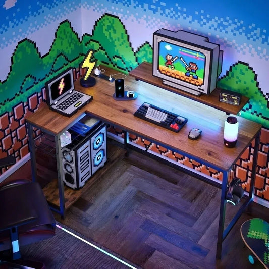 Retro 8-bit gaming setup with pixel art decor, mechanical keyboard, and vintage monitor