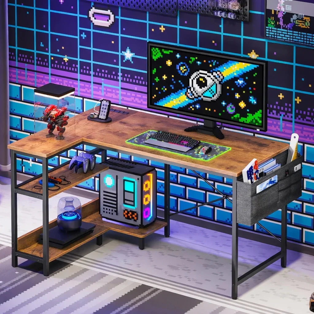Retro gaming computer desk setup with RGB PC, keyboard, and pixel art wallpaper