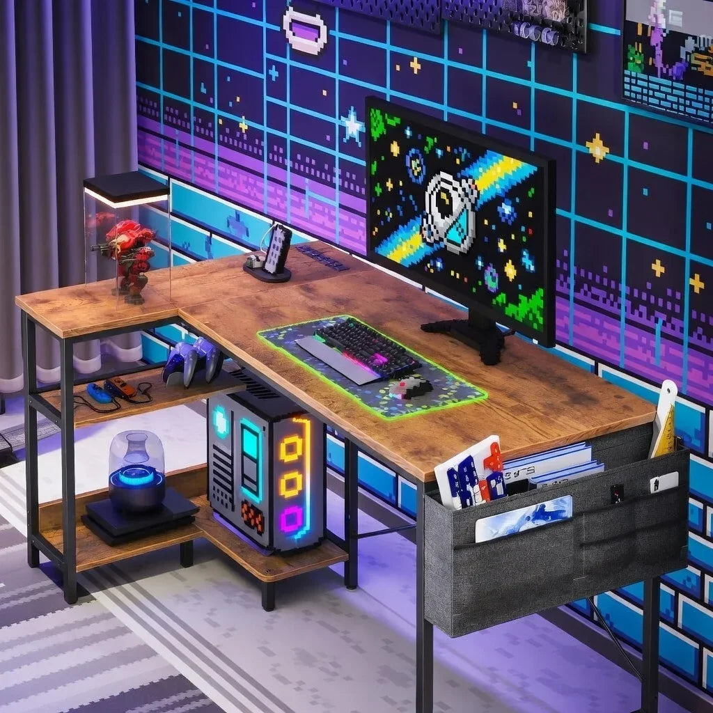 L-shaped gaming desk setup with RGB PC, mechanical keyboard, gaming mouse, 8-bit pixel art decor, and wall-mounted monitor.