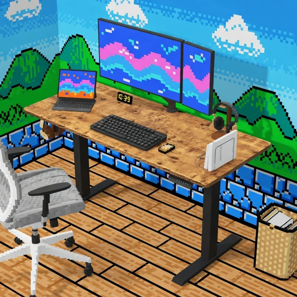 Retro 8-bit gaming desk setup with dual monitors, keyboard, headset, and pixel-style decor