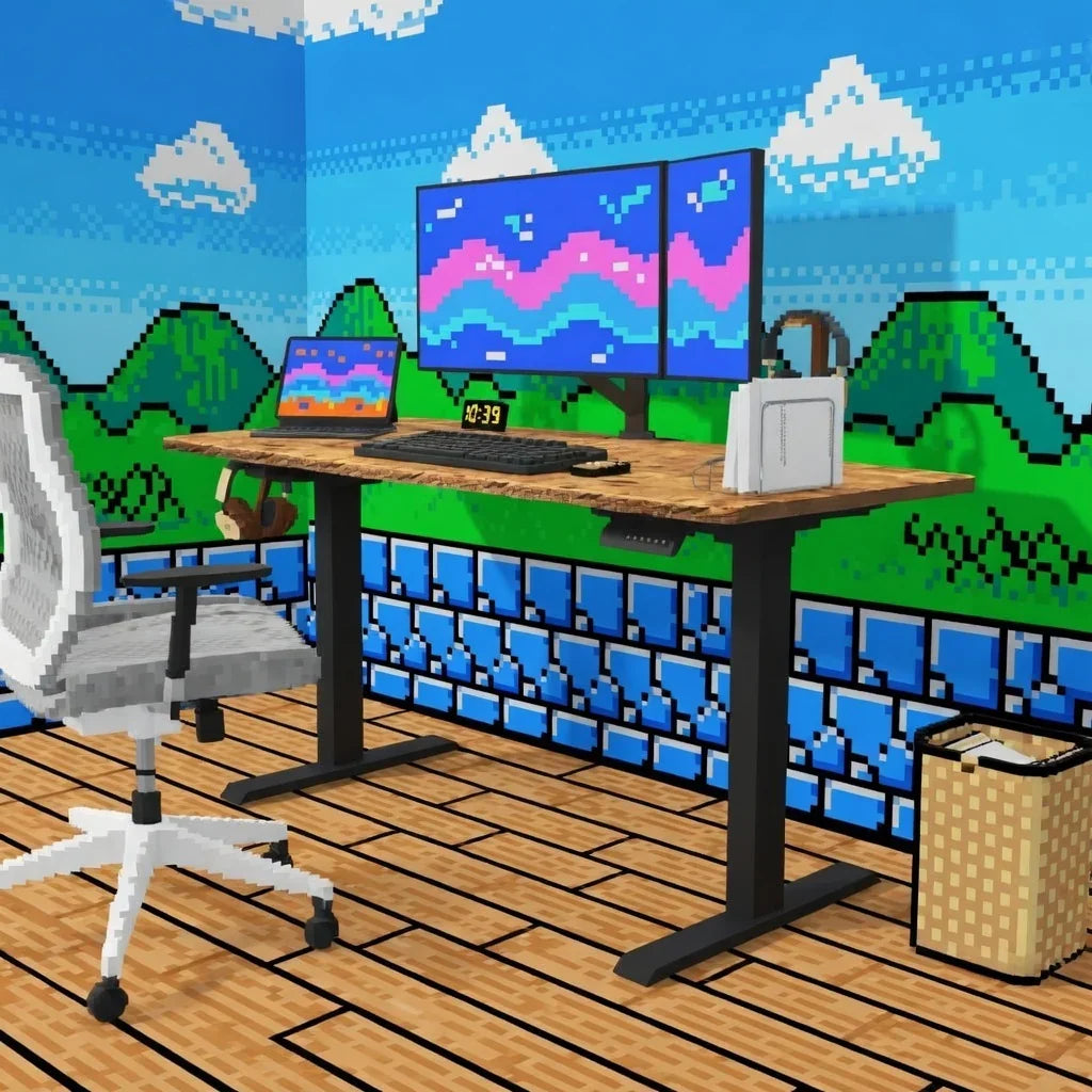 Retro gaming desk setup with dual monitors, pixel art decor, gaming chair, and accessories