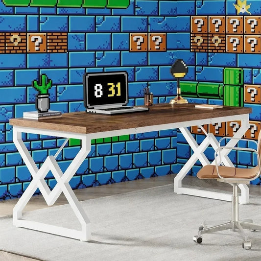 Gaming desk setup with wood top, white frame, pixel art decor, and retro 8-bit wall mural.