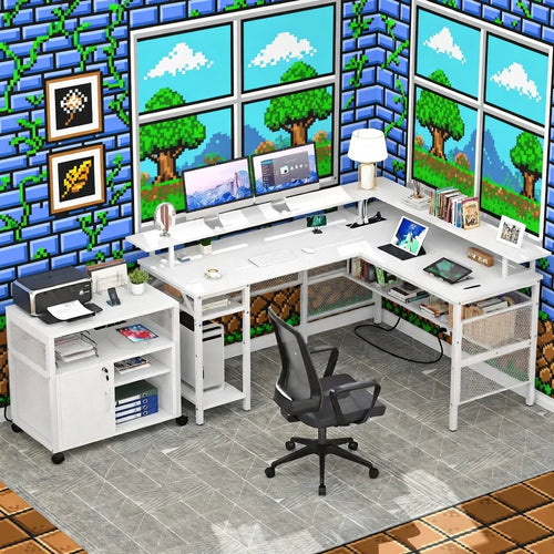Modern gaming setup with L-shaped desk, dual monitors, office chair, and retro 8-bit pixel art wall.