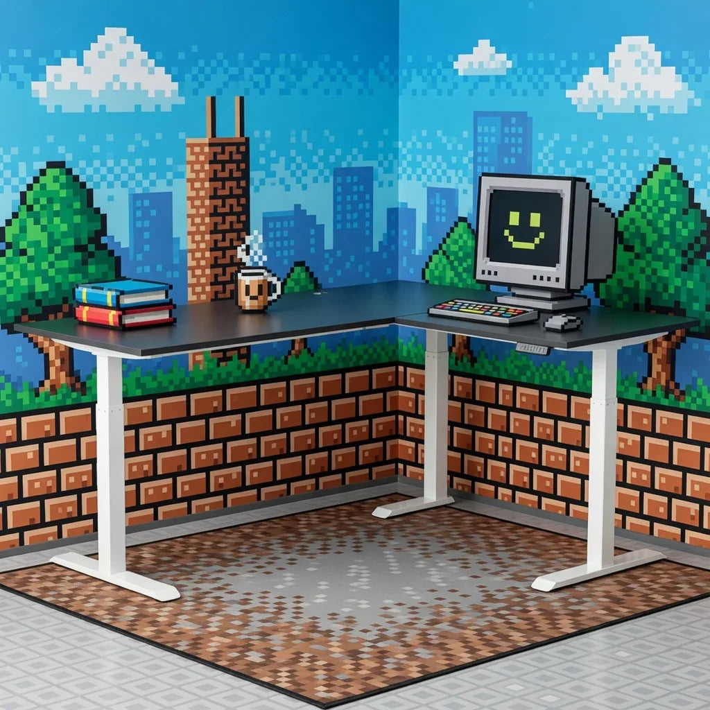 Retro gaming desk setup with pixel art PC, books, coffee mug, and 8-bit gaming wallpaper.