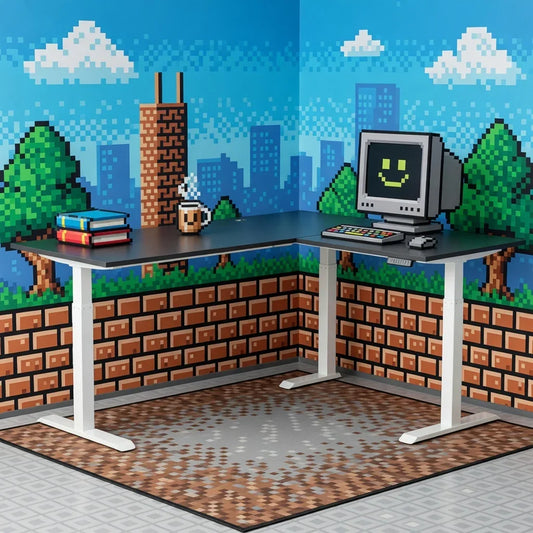 Retro gaming desk setup with pixel art PC, books, coffee mug, and 8-bit gaming wallpaper.