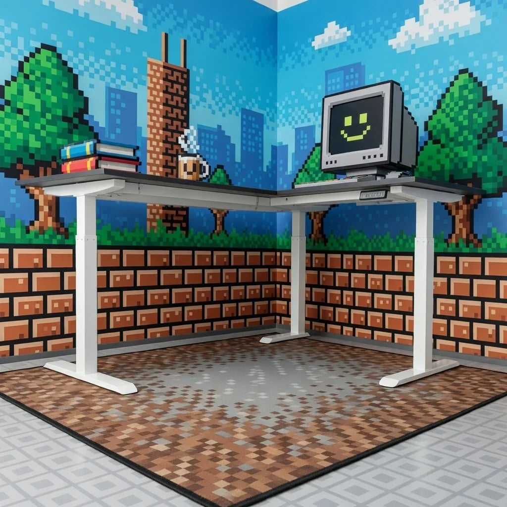 Retro gaming setup with L-shaped desk, vintage monitor, pixel art wallpaper, and books