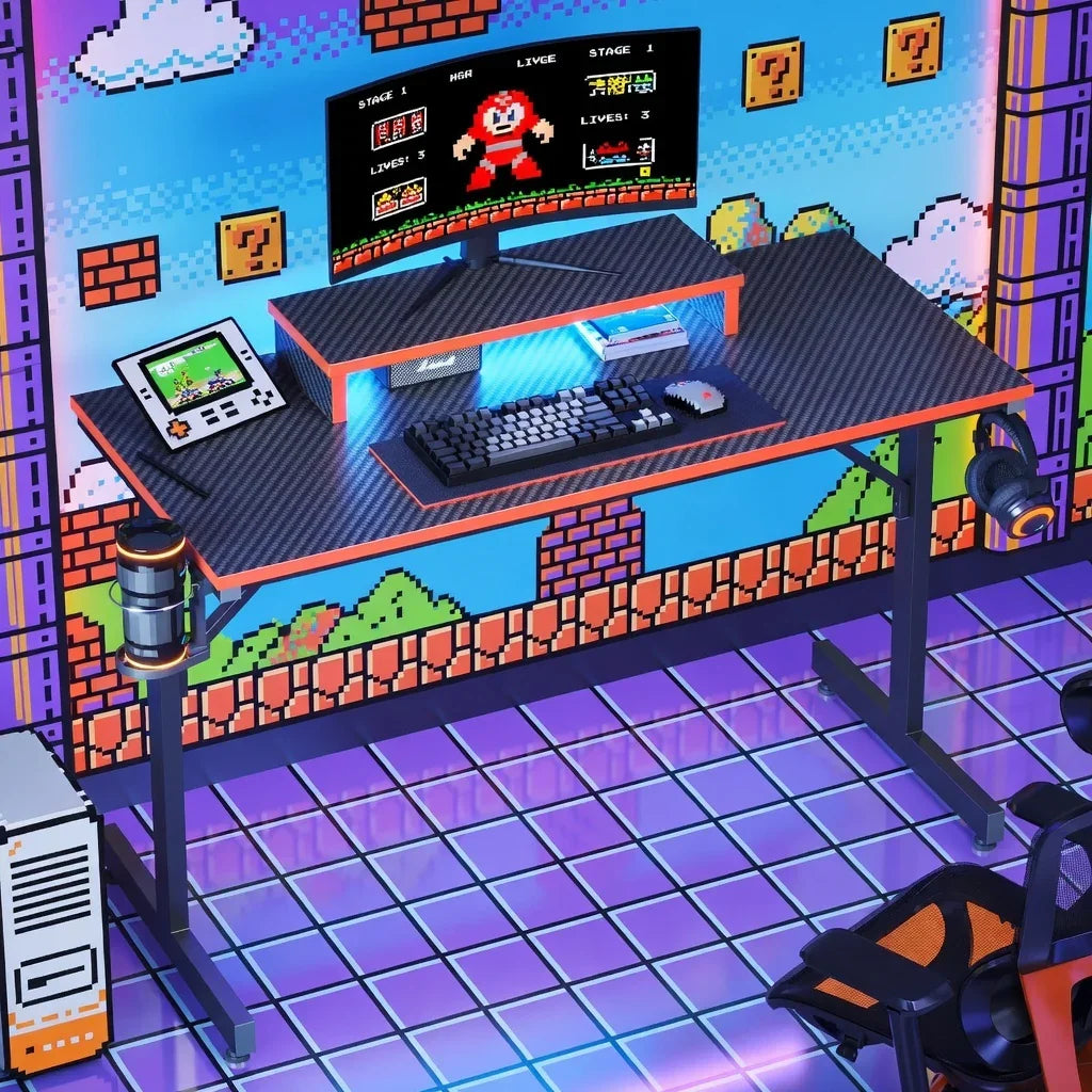 Retro gaming desk setup with RGB keyboard, mouse, curved monitor, and pixel art wall décor
