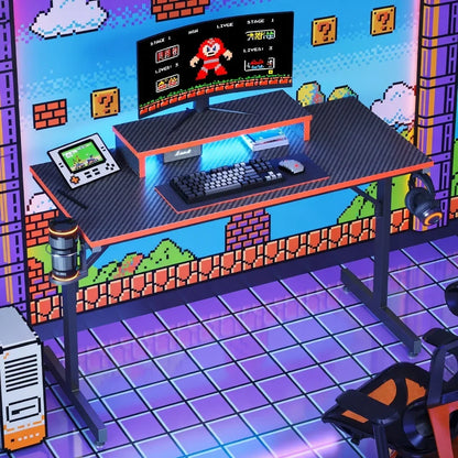 Retro gaming desk setup with RGB keyboard, mouse, curved monitor, and pixel art wall décor