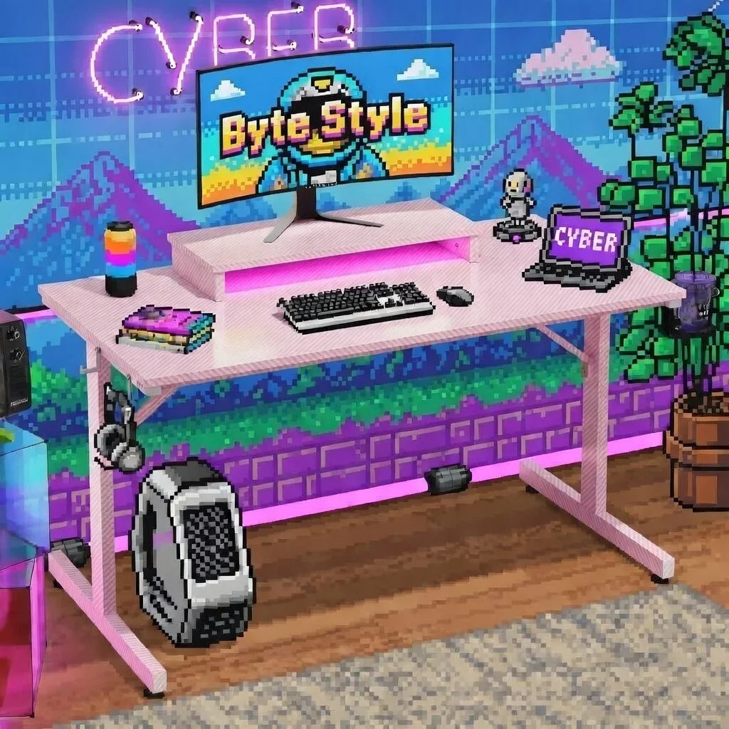 Retro 8-bit gaming desk setup with RGB keyboard, mouse, monitor, headset, and pixel art decor.