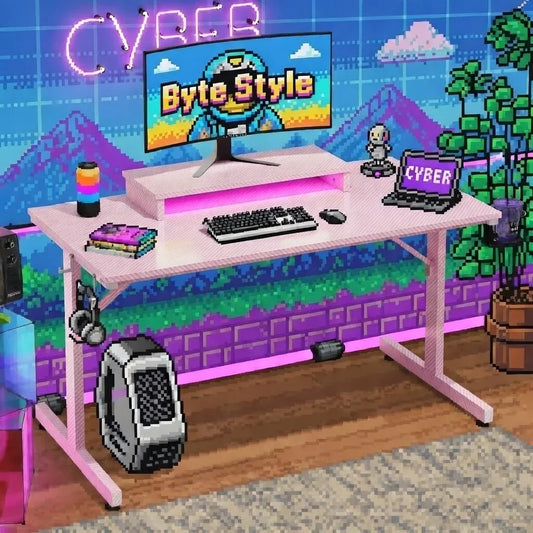 Retro 8-bit gaming desk setup with RGB keyboard, mouse, monitor, headset, and pixel art decor.
