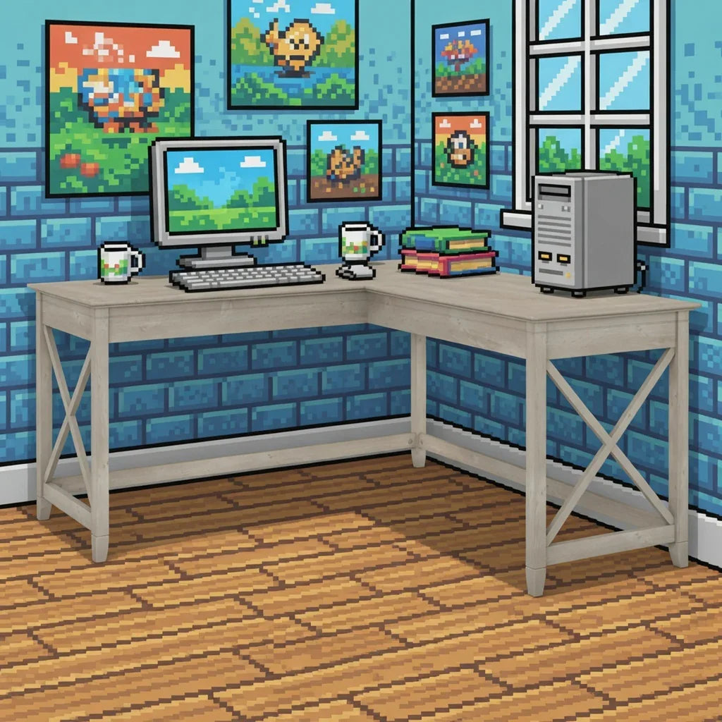 Retro 8-bit gaming desk setup with pixel art decor, vintage monitor, and classic PC tower.