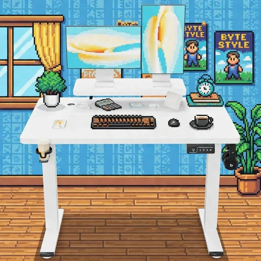 Retro 8-bit style gaming desk setup with monitors, keyboard, headset, and pixel art decor