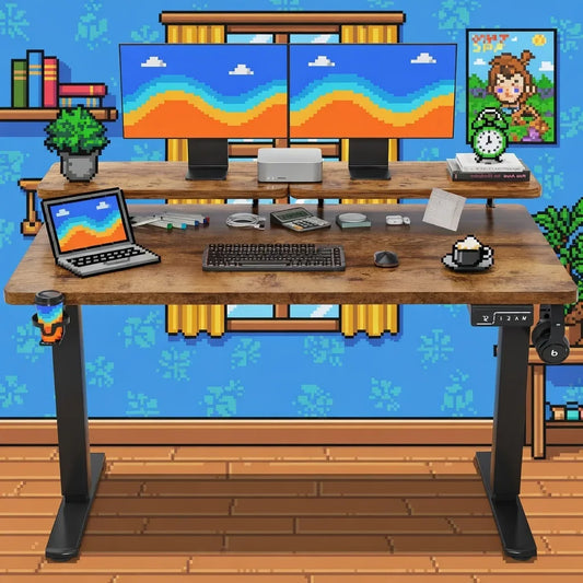 Retro gaming setup with standing desk, dual monitors, laptop, gaming keyboard and 8-bit décor