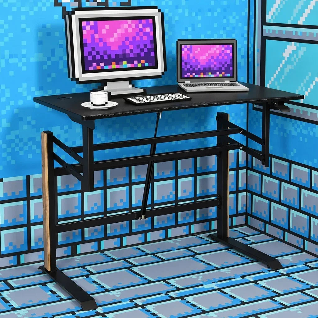 Retro gaming desk setup with 8-bit style monitor, keyboard, and laptop in pixel art room