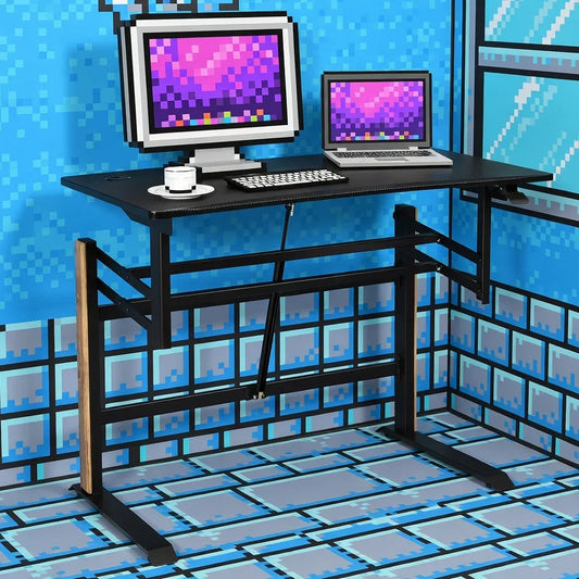 Retro gaming desk setup with 8-bit style monitor, keyboard, and laptop in pixel art room