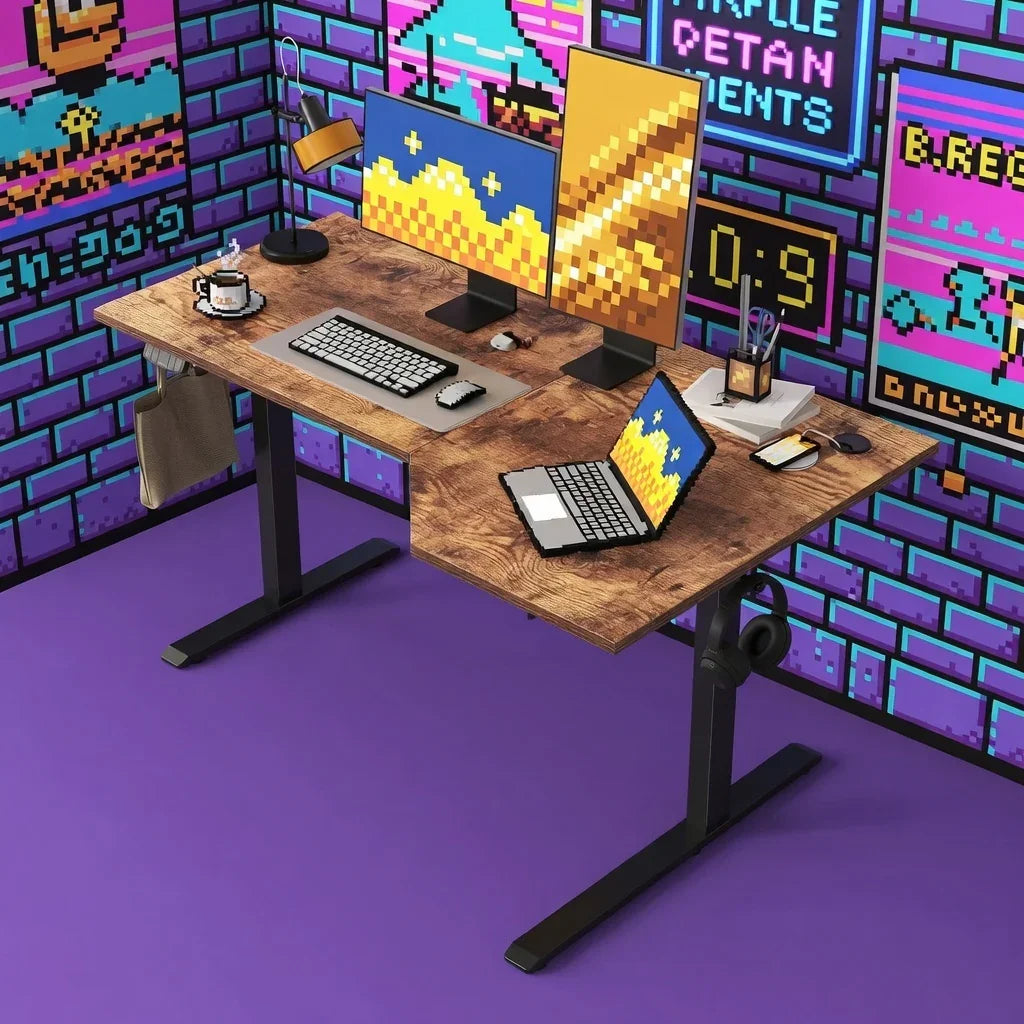 Retro gaming setup with dual monitors, keyboard, pixel art decor, and wooden desk.