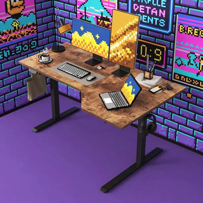 Retro gaming setup with dual monitors, keyboard, pixel art decor, and wooden desk.