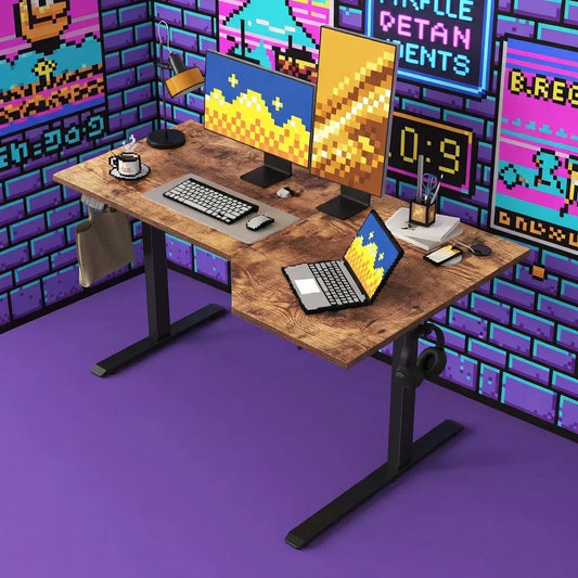 Retro gaming setup with dual monitors, keyboard, pixel art decor, and wooden desk.