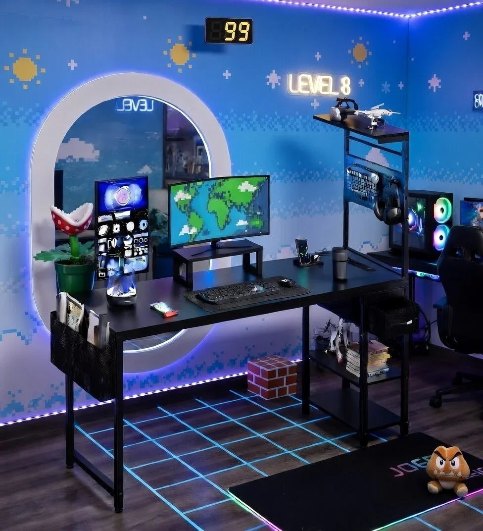 Retro gaming setup with RGB gaming PC, dual monitors, themed decor, and LED lighting