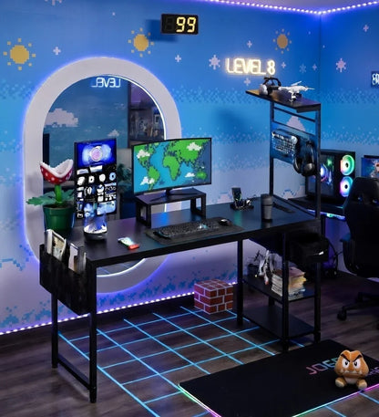 Retro gaming setup with RGB gaming PC, dual monitors, themed decor, and LED lighting