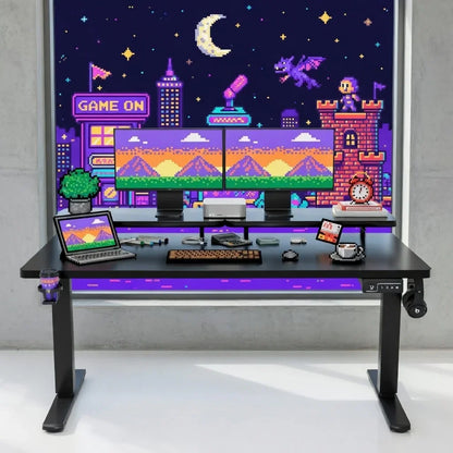 Modern gaming desk setup with dual monitors, retro 8-bit pixel art background, and gaming accessories.