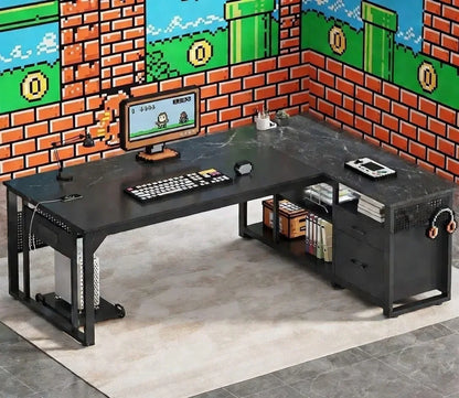 Retro gaming setup with black L-shaped desk, pixel art decor, and 8-bit themed gear