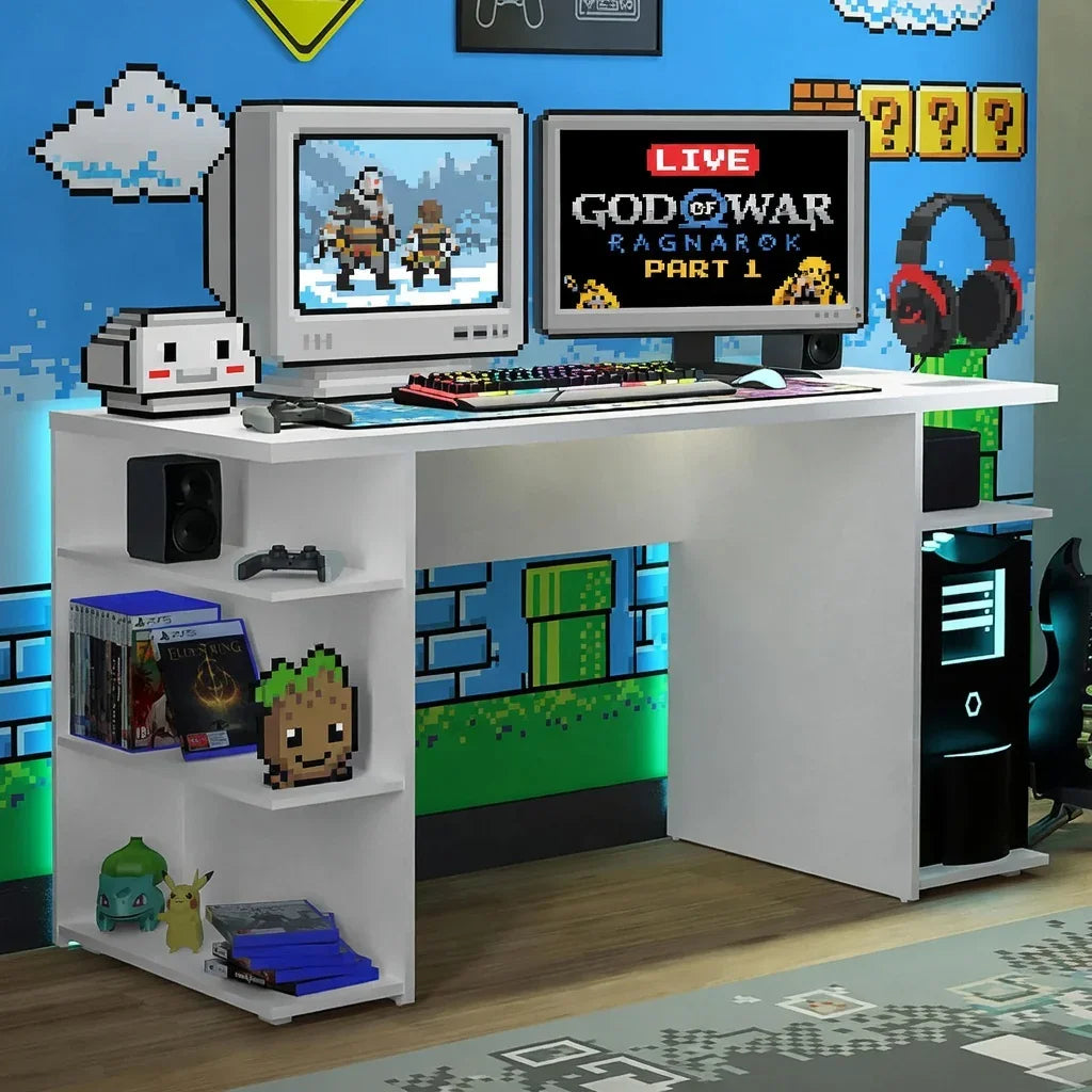 Retro gamer setup with white desk, dual monitors, RGB keyboard, gaming PC, and pixel art decor