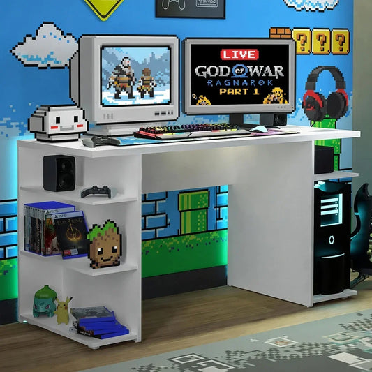 Retro gamer setup with white desk, dual monitors, RGB keyboard, gaming PC, and pixel art decor