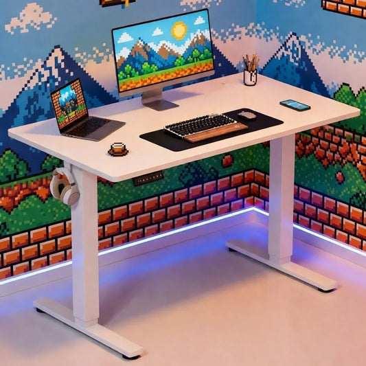 Retro gaming desk setup with 8-bit pixel art wall, mechanical keyboard, and dual monitors.